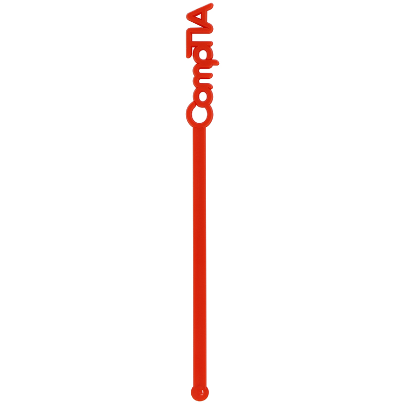 Red stir stick with the words "CompTIA" with ball end