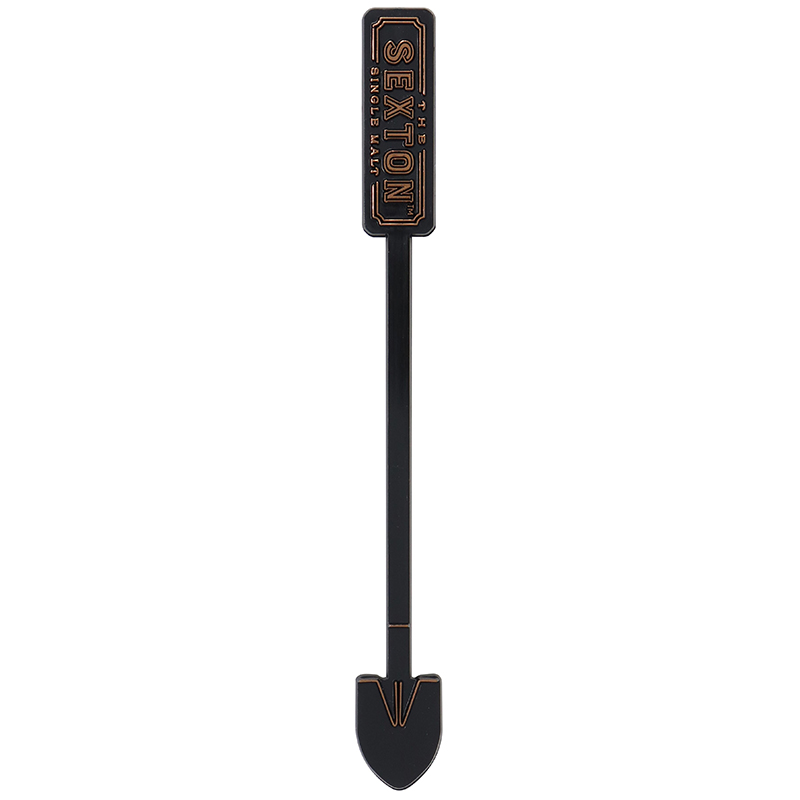 Black Shovel stir stick with the words "Sexton"
