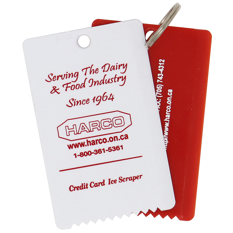 1 White and 1 red plastic ice scraper imprinted with Harco logo