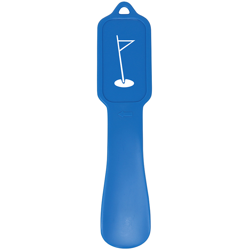 Blue plastic shoe horn with imprintable golf flag image on top