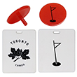 2 red golf ball markers, and 2 white rectangle bag tags