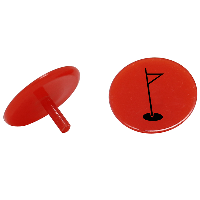 2 red plastic golf ball markers with a golf flag image in the middle