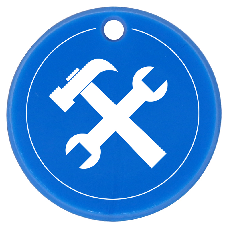 Plastic blue circle token with keychain hole and an imprinted logo
