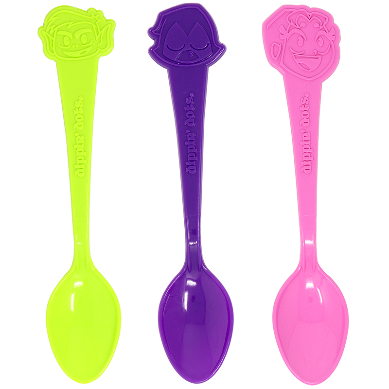 1 green spoon with a character shaped head, 1 purple spoon with a character shaped head and 1 pink spoon with a character shaped head