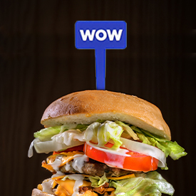 A Plastic food pick in a hamburger