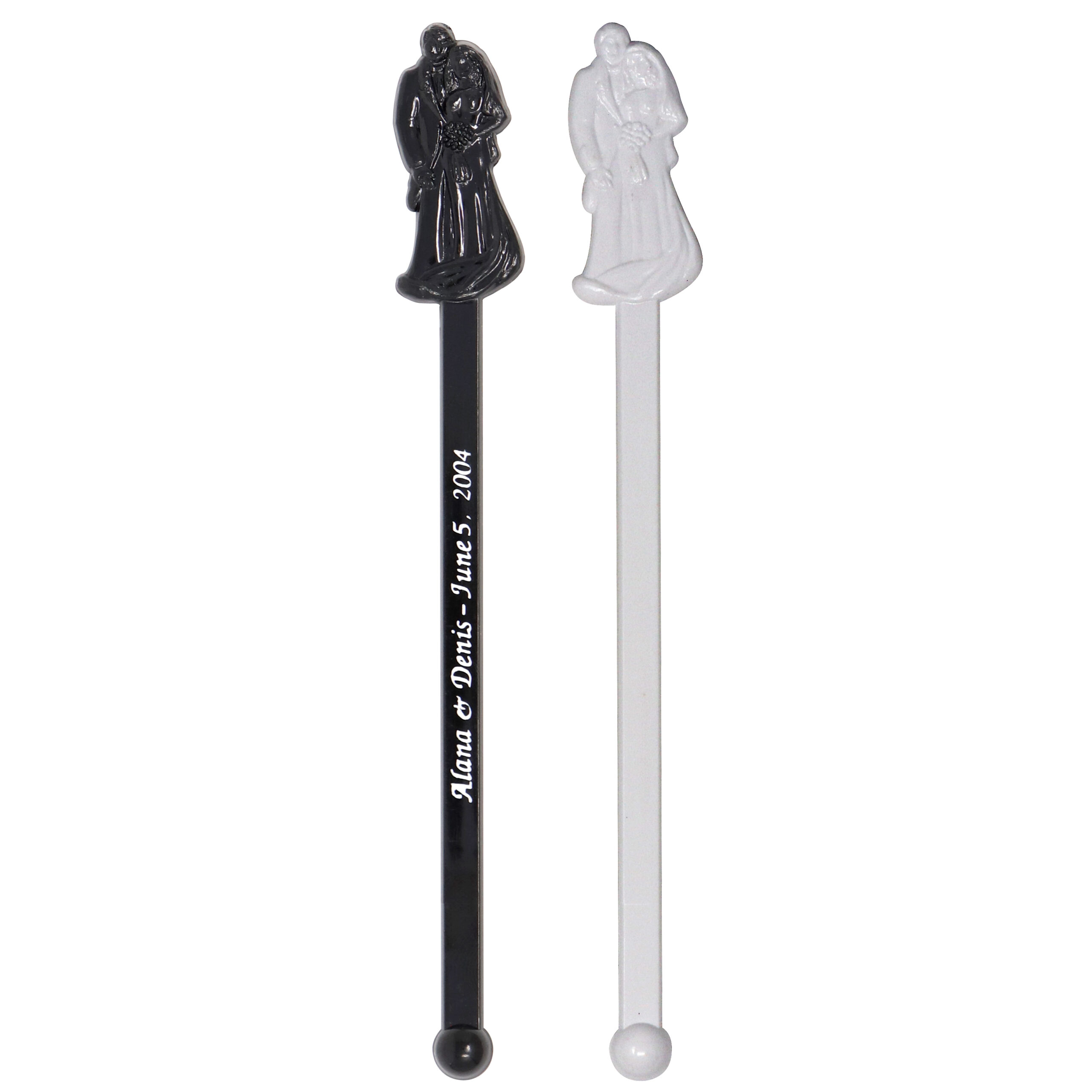Black & White Bride & Groom Stir Stick with Imprint and rounded ball end