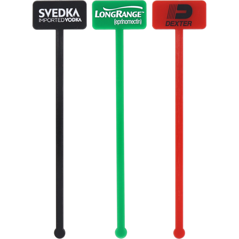 1 black, 1 green and 1 red 511 Rectangle Head Stir Stick with Imprint with ball end