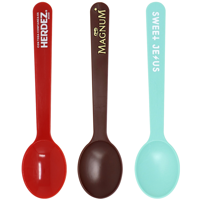Red Dessert Spoon, Brown Ice Cream Spoon and Light Teal Ice Cream Spoon with Imprint